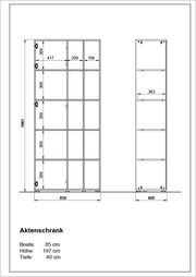 Technische Zeichnung eines Aktenschranks mit den Maßen: Breite 85 cm, Höhe 197 cm, Tiefe 40 cm. Front- und Seitenansicht des Schranks mit mehreren Fächern.