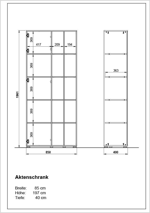 Technische Zeichnung eines Aktenschranks mit den Maßen: Breite 85 cm, Höhe 197 cm, Tiefe 40 cm. Front- und Seitenansicht des Schranks mit mehreren Fächern.