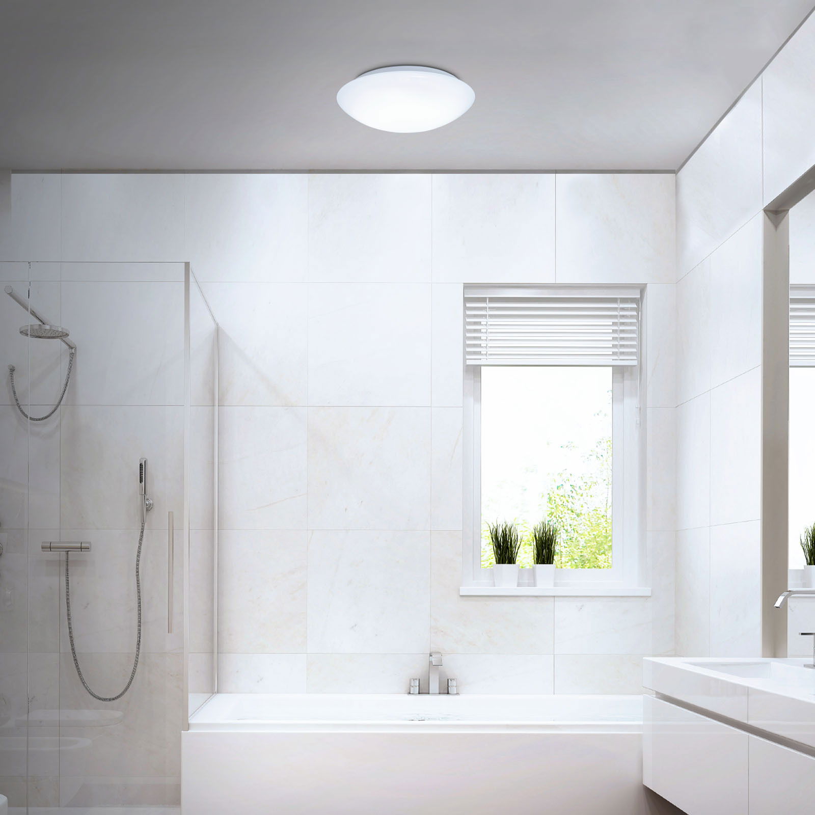 Moderne LED-Deckenleuchte mit Bewegungsmelder in einem stilvollen Badezimmer, Deckenansicht.