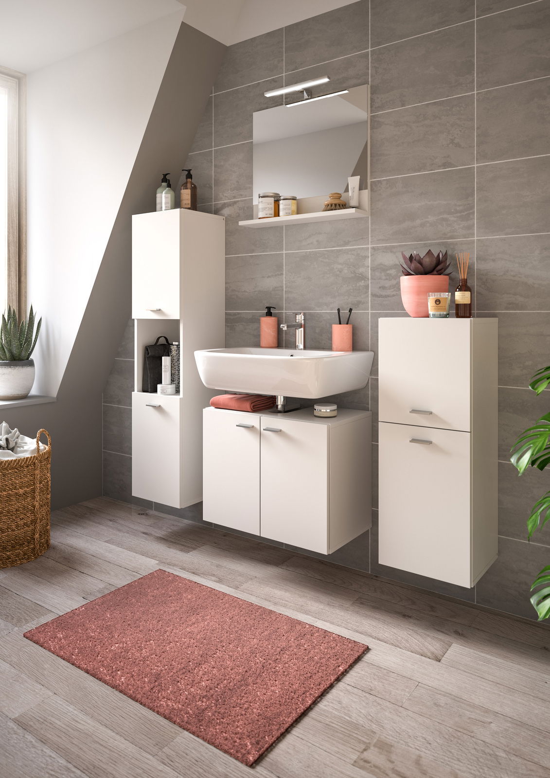 Moderner Badschrank BOSTON in einem stilvollen Badezimmer mit grauen Fliesen und Holzboden, aus der Perspektive von vorne links betrachtet.