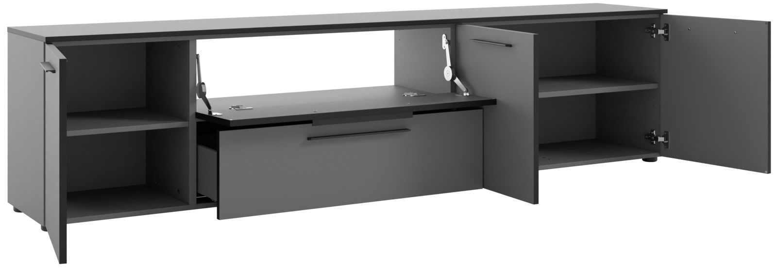 Graues XL-TV-Lowboard mit offenen Türen und Schubladen, Frontansicht
