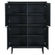 Schwarzes Highboard mit offenen Türen und mehreren Regalfächern, frontale Ansicht