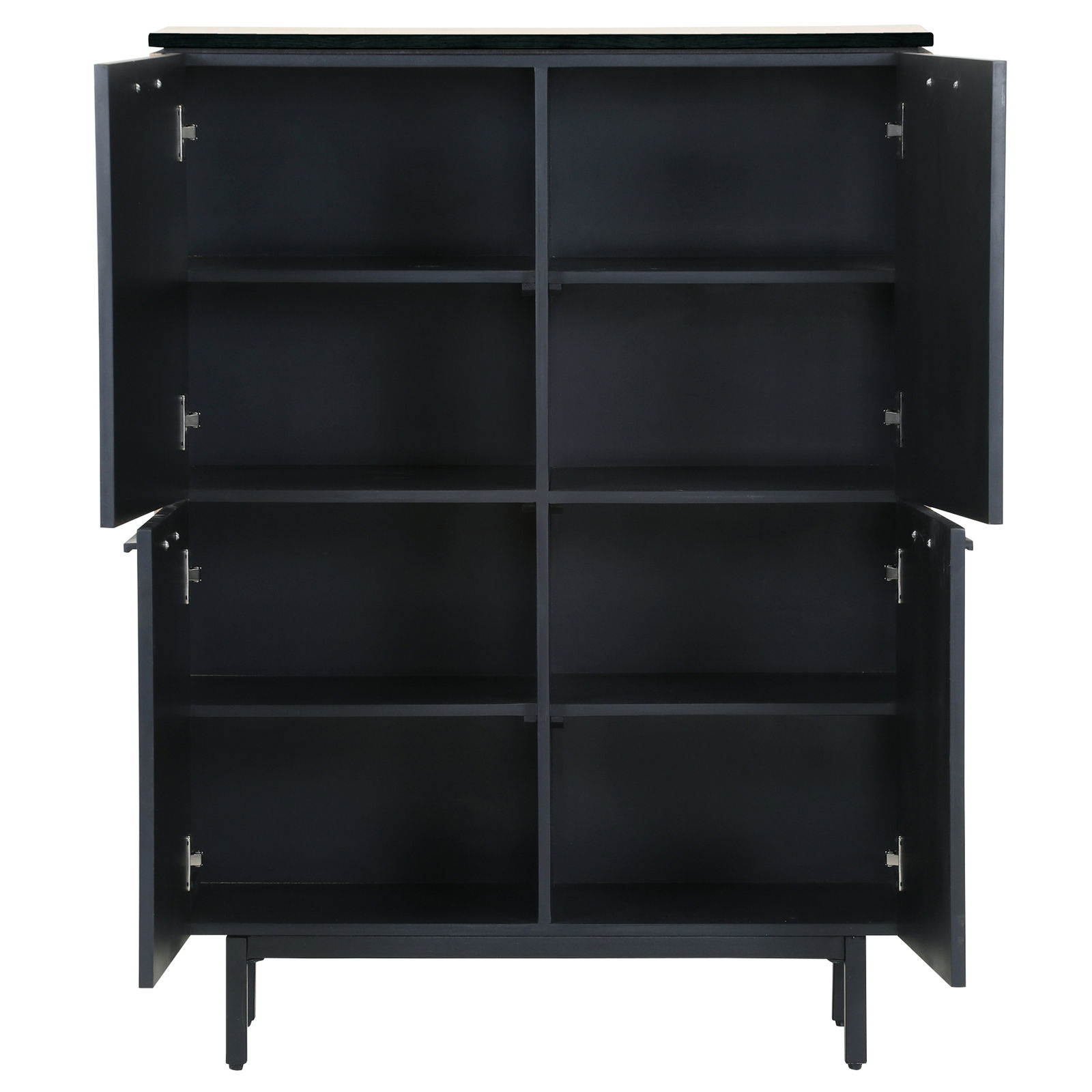 Schwarzes Highboard mit offenen Türen und mehreren Regalfächern, frontale Ansicht