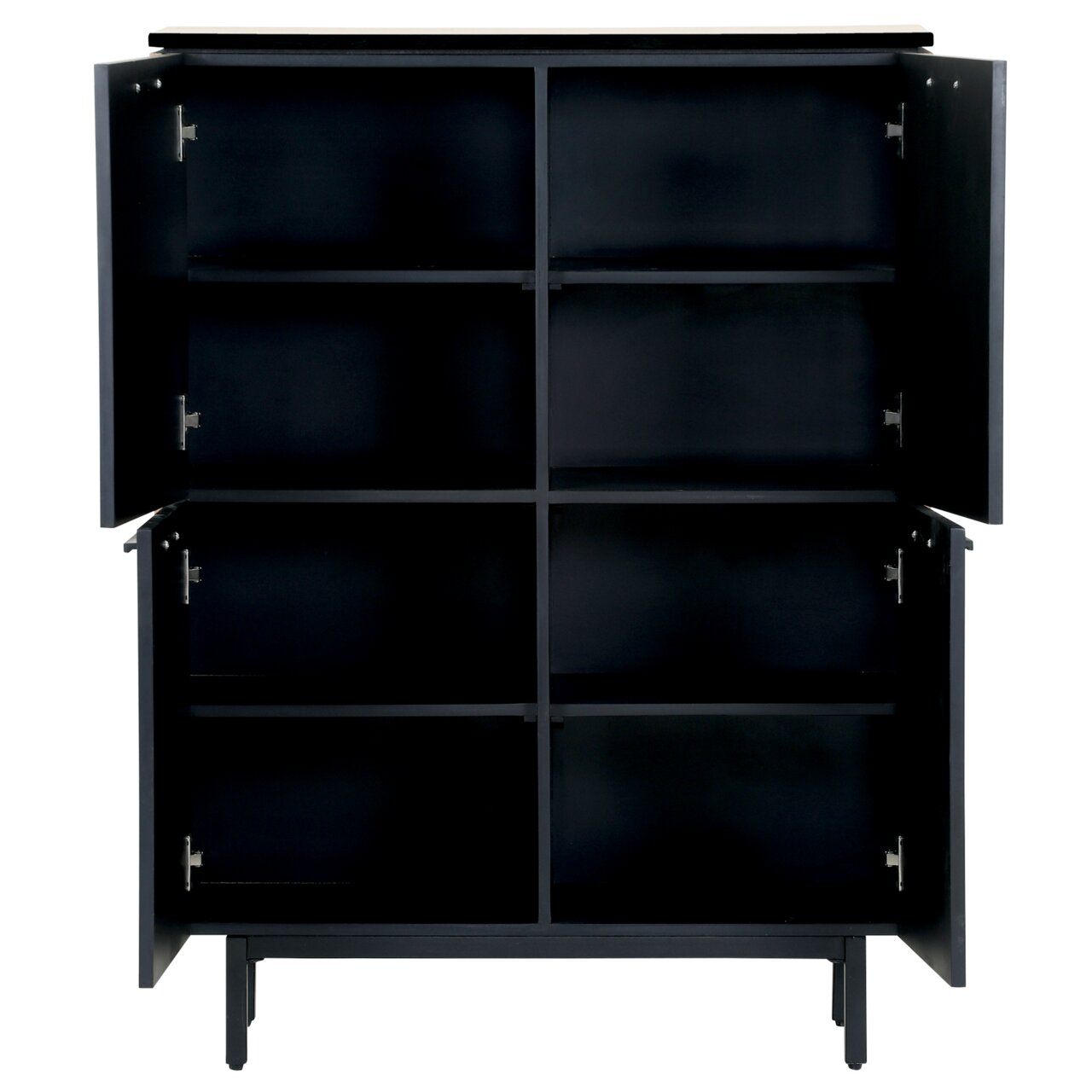 Schwarzes Highboard mit offenen Türen und mehreren Regalfächern, frontale Ansicht