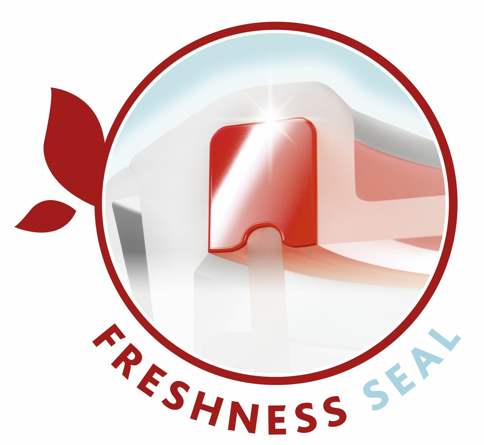 Nahaufnahme eines roten Verschlusses einer Mikrowellendose mit Frische-Siegel.