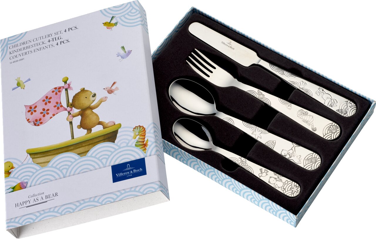 Kinderbesteck-Set mit 4 Teilen, illustriert mit einem Bärenmotiv, in einer Geschenkbox präsentiert, Perspektive von oben.