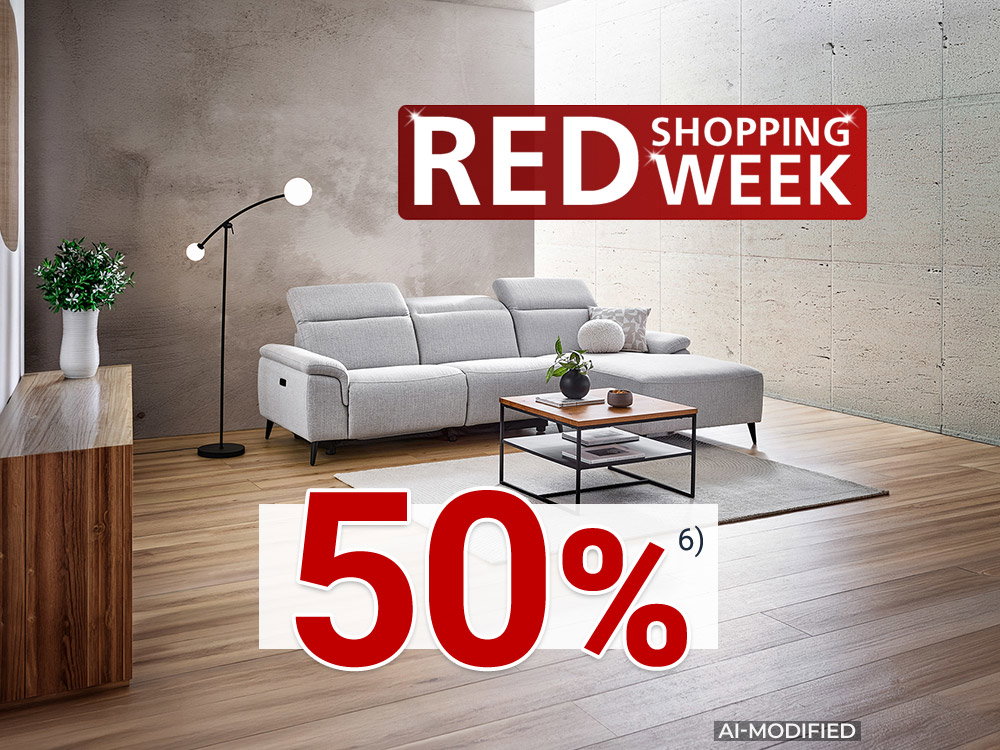 Modernes Wohnzimmer mit grauem Ecksofa und Couchtisch zur RED Shopping Week. (KI-generiert)