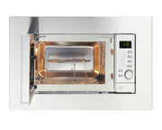 Eingebaute Mikrowelle in Edelstahloptik mit geöffneter Tür, Frontansicht