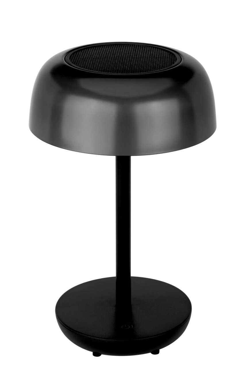 Moderne schwarze Solarleuchte mit rundem Schirm, seitliche Perspektive