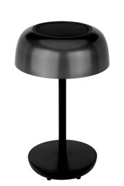 Moderne schwarze Solarleuchte mit rundem Schirm, seitliche Perspektive