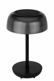 Moderne schwarze Solarleuchte mit rundem Schirm, seitliche Perspektive