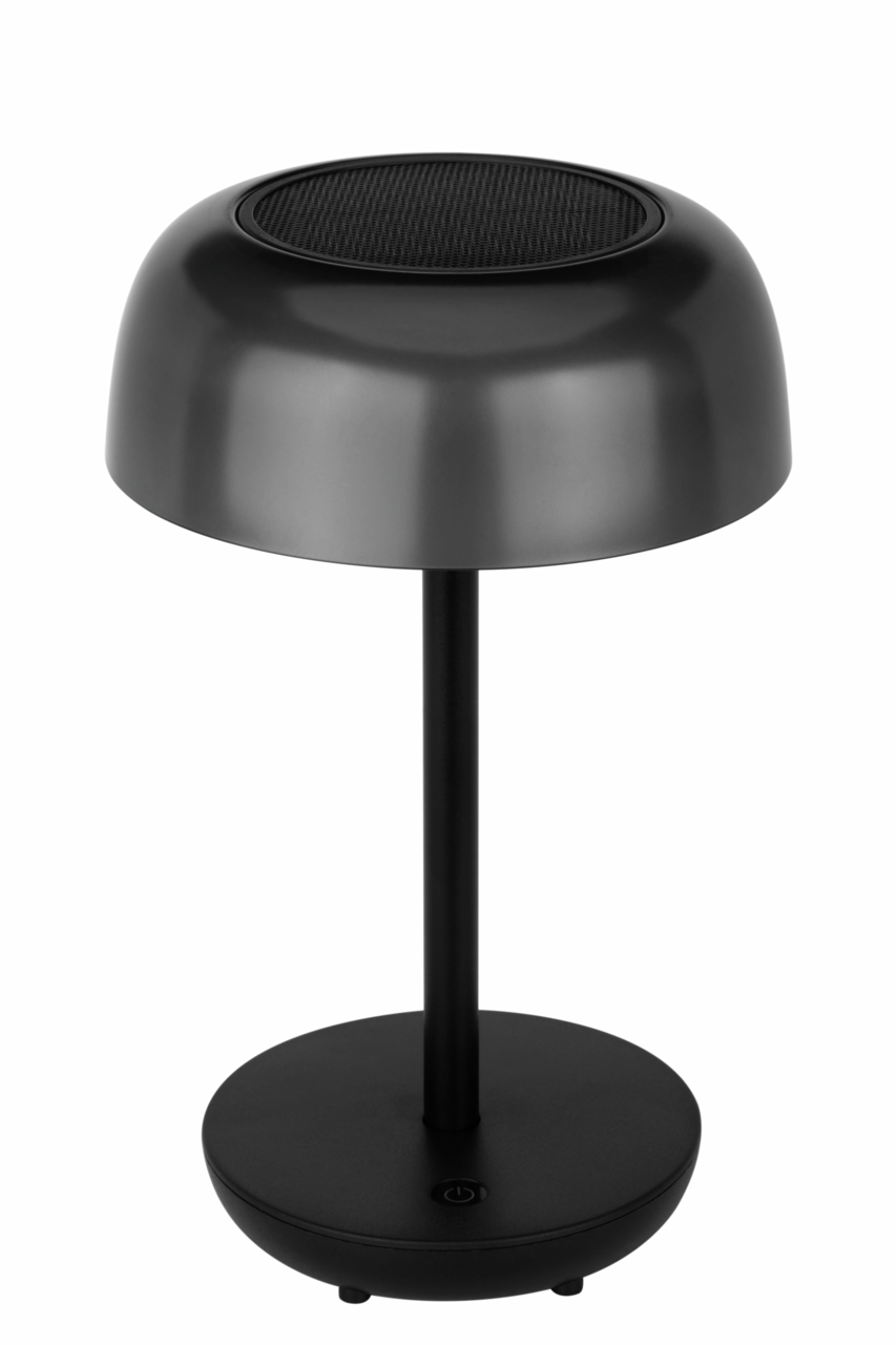 Moderne schwarze Solarleuchte mit rundem Schirm, seitliche Perspektive