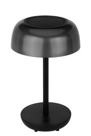 Moderne schwarze Solarleuchte mit rundem Schirm, seitliche Perspektive