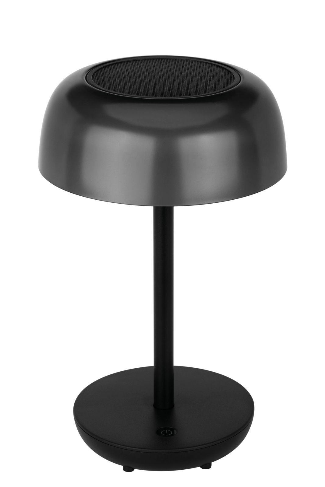 Moderne schwarze Solarleuchte mit rundem Schirm, seitliche Perspektive