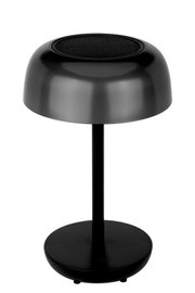 Moderne schwarze Solarleuchte mit rundem Schirm, seitliche Perspektive
