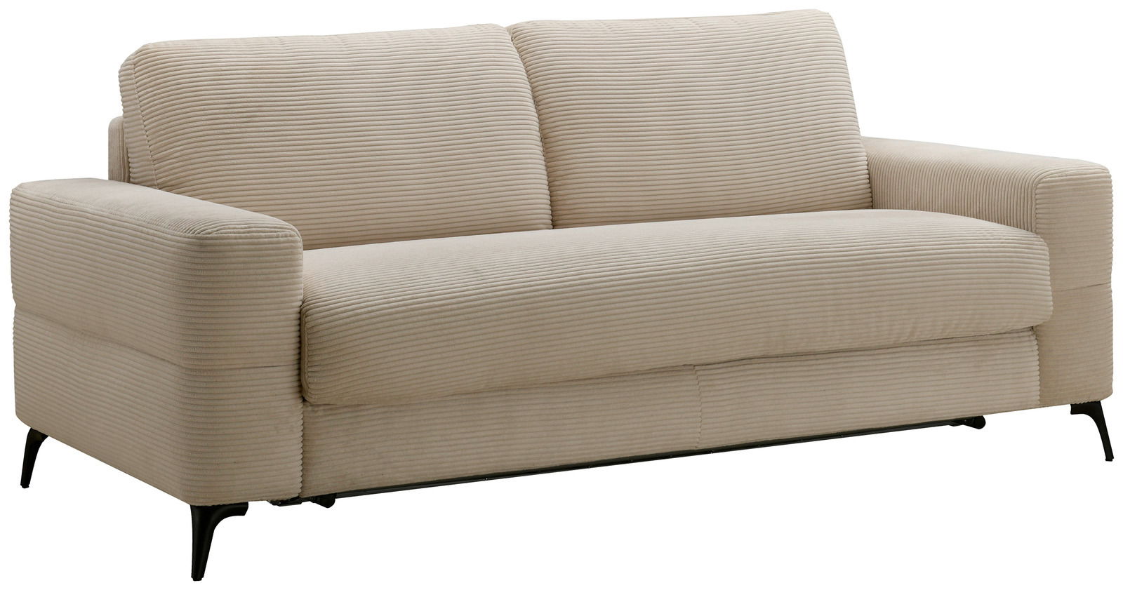 Beiges Funktionssofa mit geripptem Stoffbezug, seitliche Perspektive