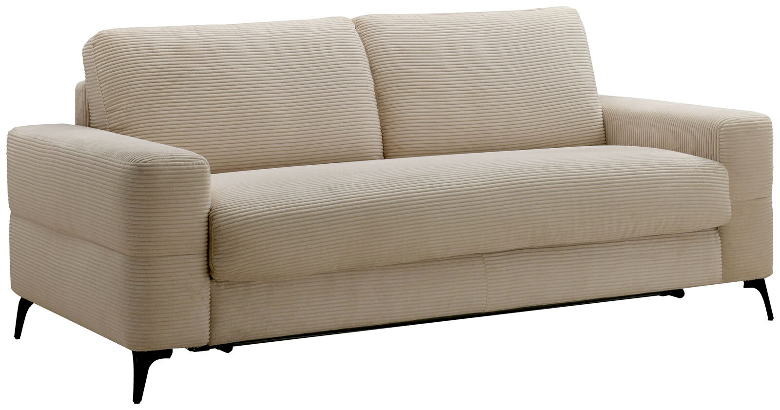 Beiges Funktionssofa mit geripptem Stoffbezug, seitliche Perspektive