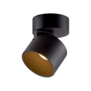 Schwarzer LED-Spot von unten betrachtet, mit modernem Design und schwenkbarem Kopf.