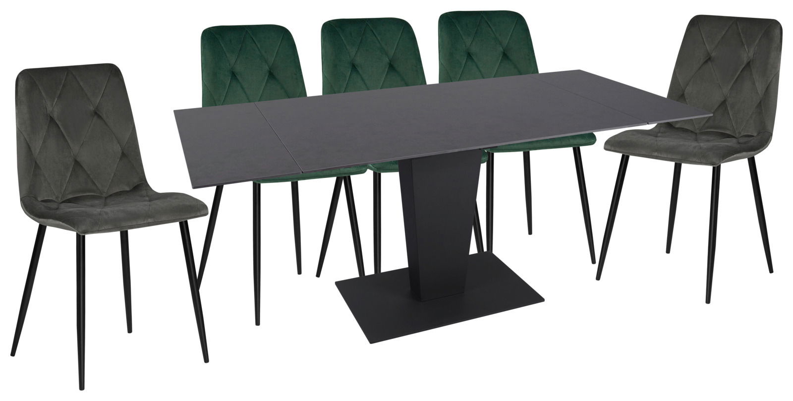 Moderner Esstisch mit schwarzer Tischplatte und zentralem Standfuß, umgeben von zwei grauen und drei grünen Stühlen, seitliche Perspektive.