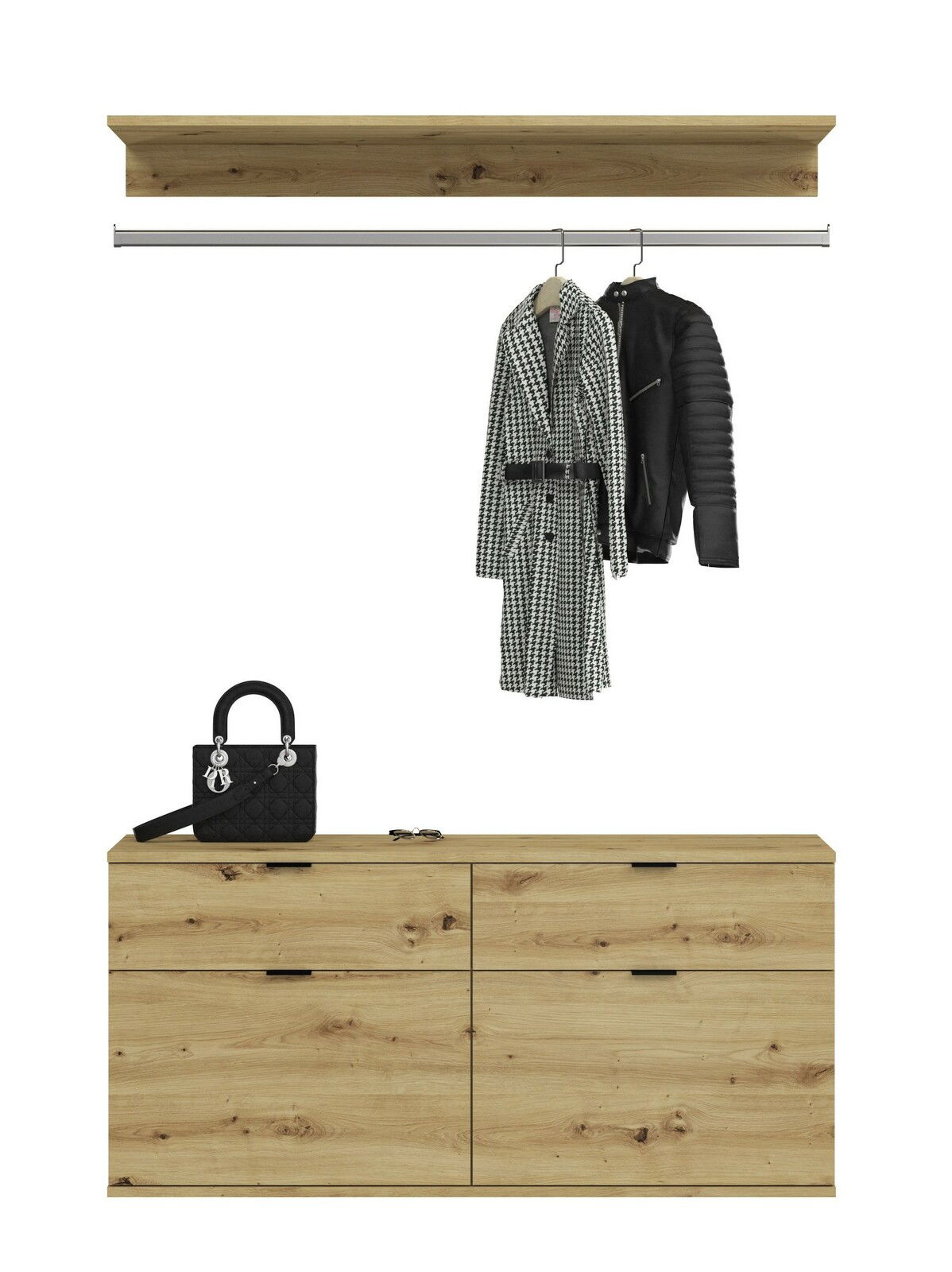 Frontale Ansicht einer modernen Kommode aus Holz mit vier Schubladen, darüber eine Kleiderstange mit zwei Kleidungsstücken und ein Regalbrett.