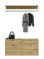 Frontale Ansicht einer modernen Kommode aus Holz mit vier Schubladen, darüber eine Kleiderstange mit zwei Kleidungsstücken und ein Regalbrett.