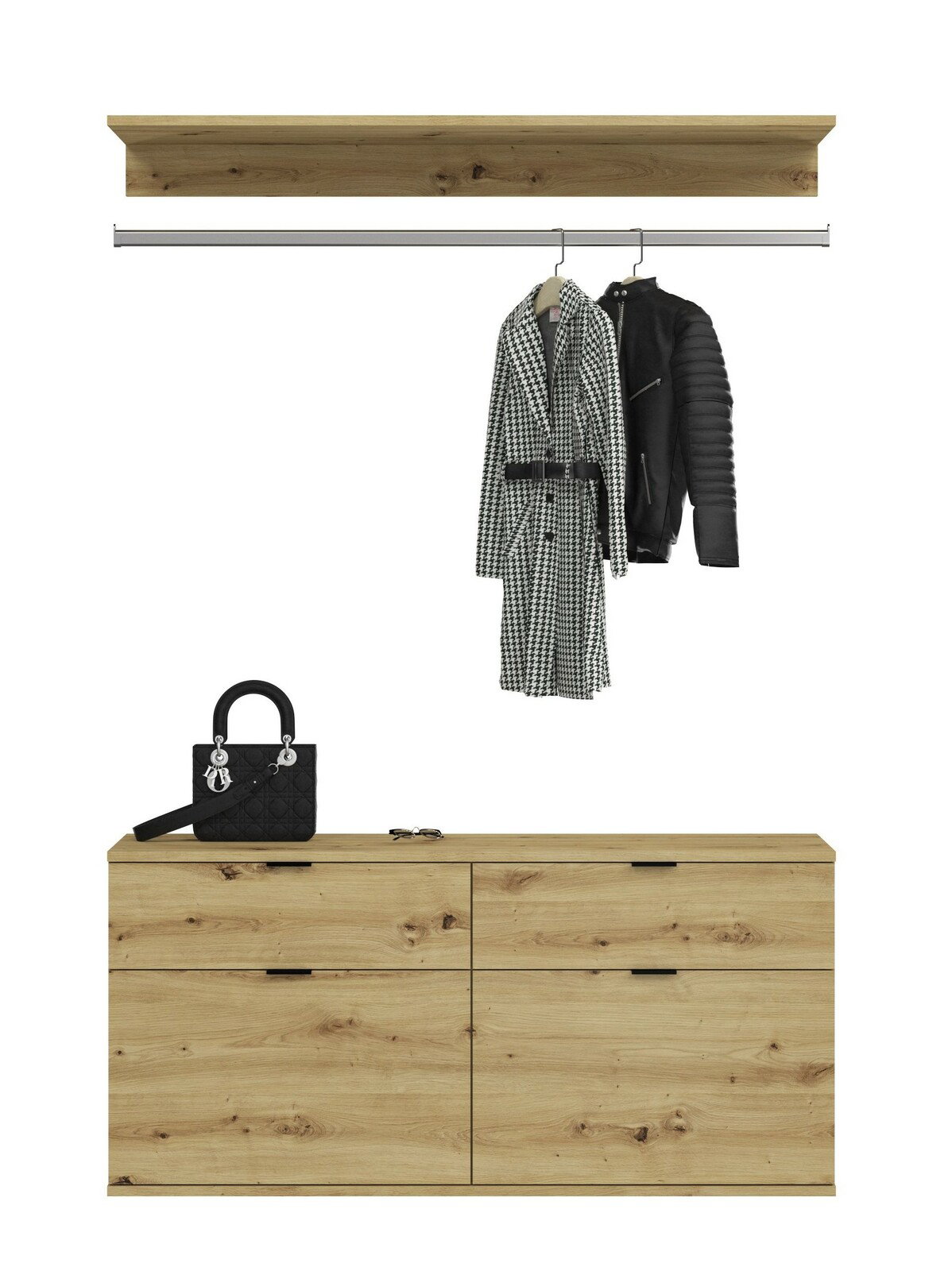 Frontale Ansicht einer modernen Kommode aus Holz mit vier Schubladen, darüber eine Kleiderstange mit zwei Kleidungsstücken und ein Regalbrett.