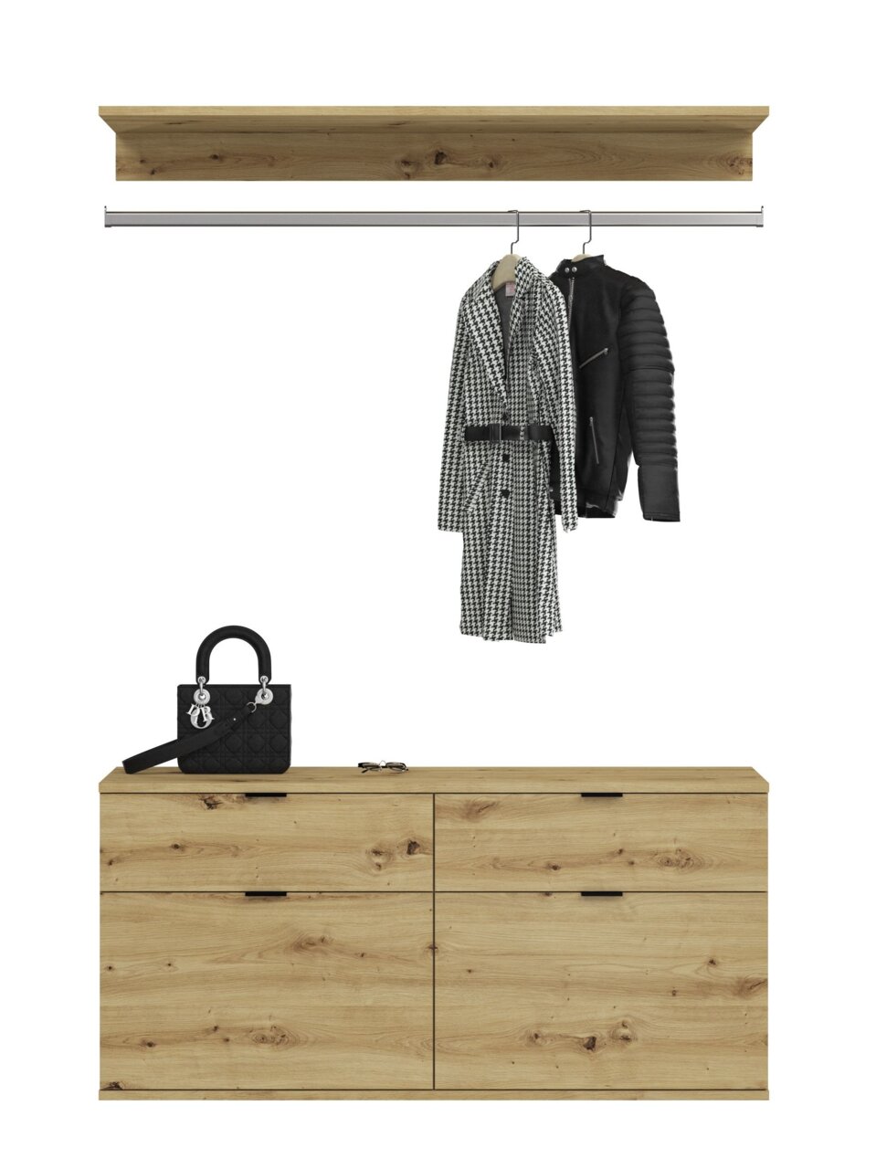 Frontale Ansicht einer modernen Kommode aus Holz mit vier Schubladen, darüber eine Kleiderstange mit zwei Kleidungsstücken und ein Regalbrett.