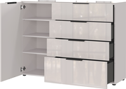 Weißes Sideboard mit mehreren Schubladen und einem offenen Schrankfach, Perspektive von vorne links