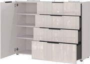 Weißes Sideboard mit mehreren Schubladen und einem offenen Schrankfach, Perspektive von vorne links