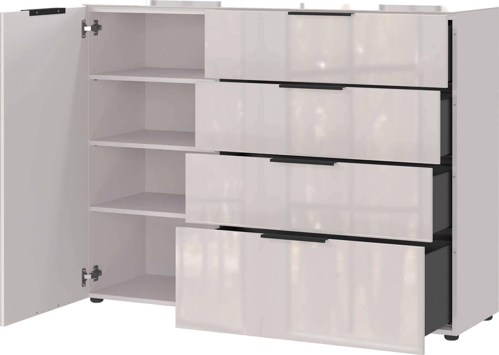 Weißes Sideboard mit mehreren Schubladen und einem offenen Schrankfach, Perspektive von vorne links