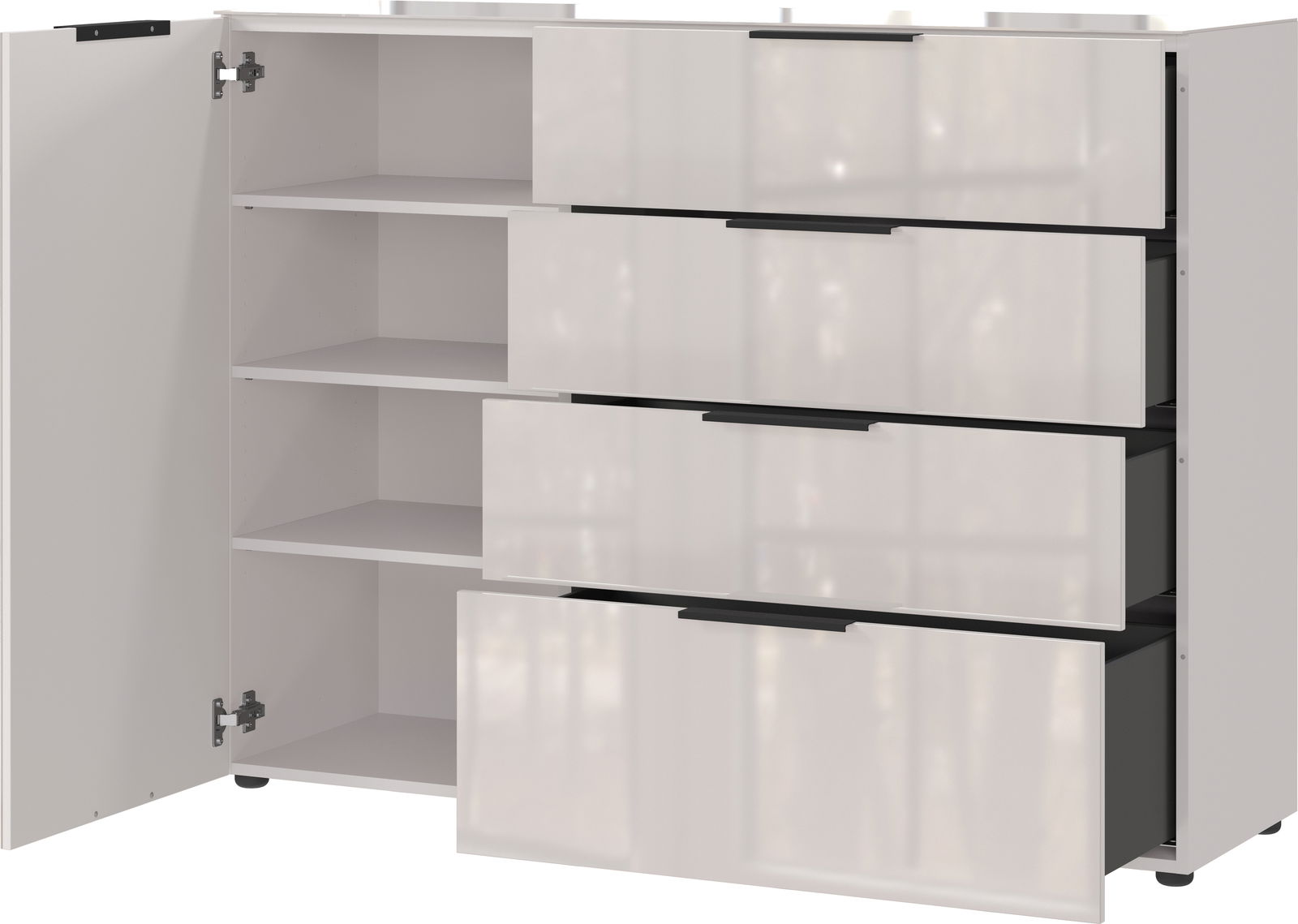 Weißes Sideboard mit mehreren Schubladen und einem offenen Schrankfach, Perspektive von vorne links