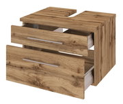 Waschtischunterschrank aus Holz mit zwei offenen Schubladen, Perspektive von vorne rechts