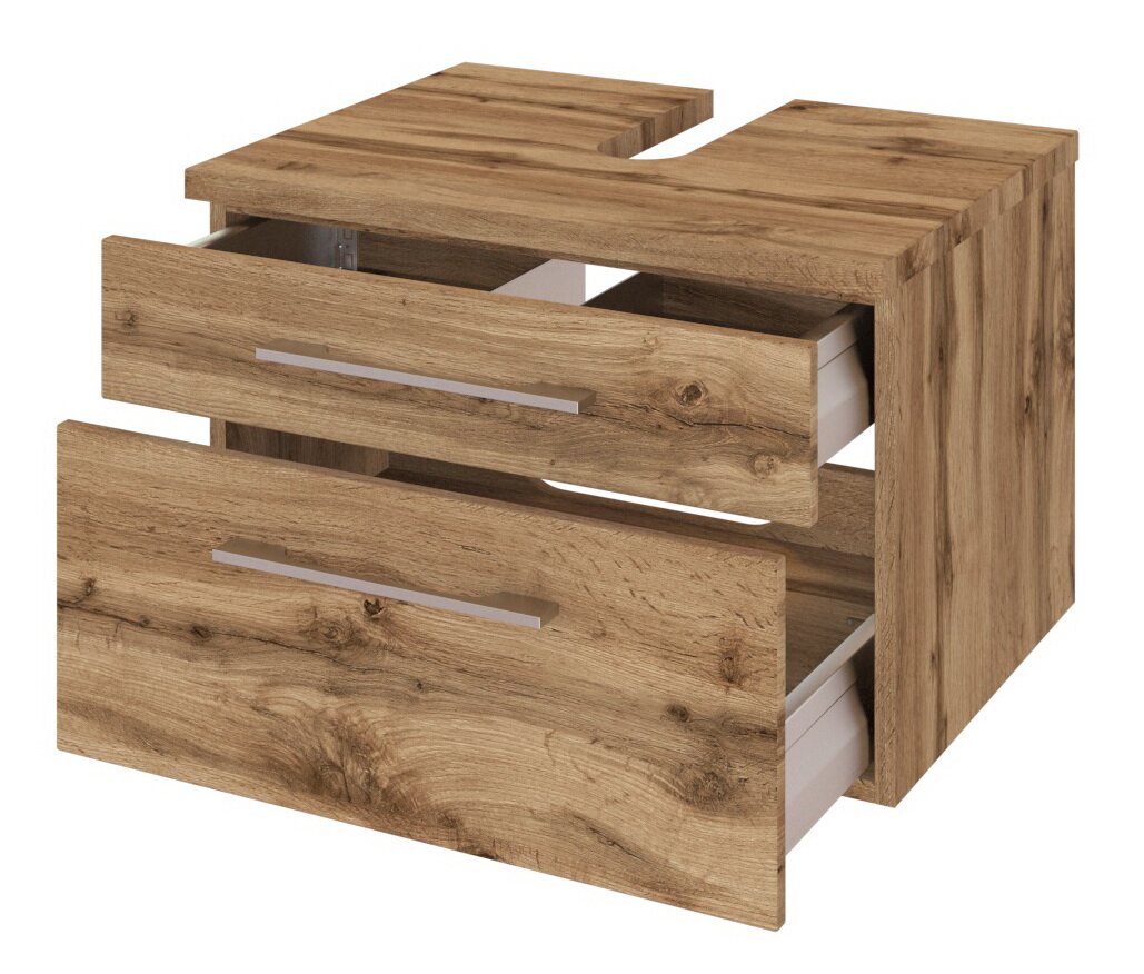 Waschtischunterschrank aus Holz mit zwei offenen Schubladen, Perspektive von vorne rechts