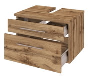 Waschtischunterschrank aus Holz mit zwei offenen Schubladen, Perspektive von vorne rechts