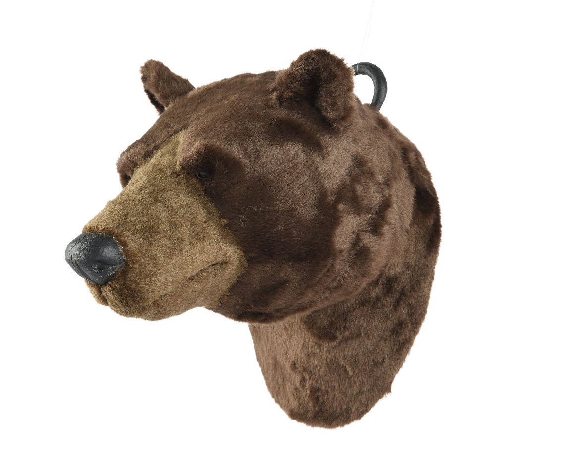 Plüsch-Bärenkopf von der Seite betrachtet, mit realistischen Details und Aufhängeschlaufe.