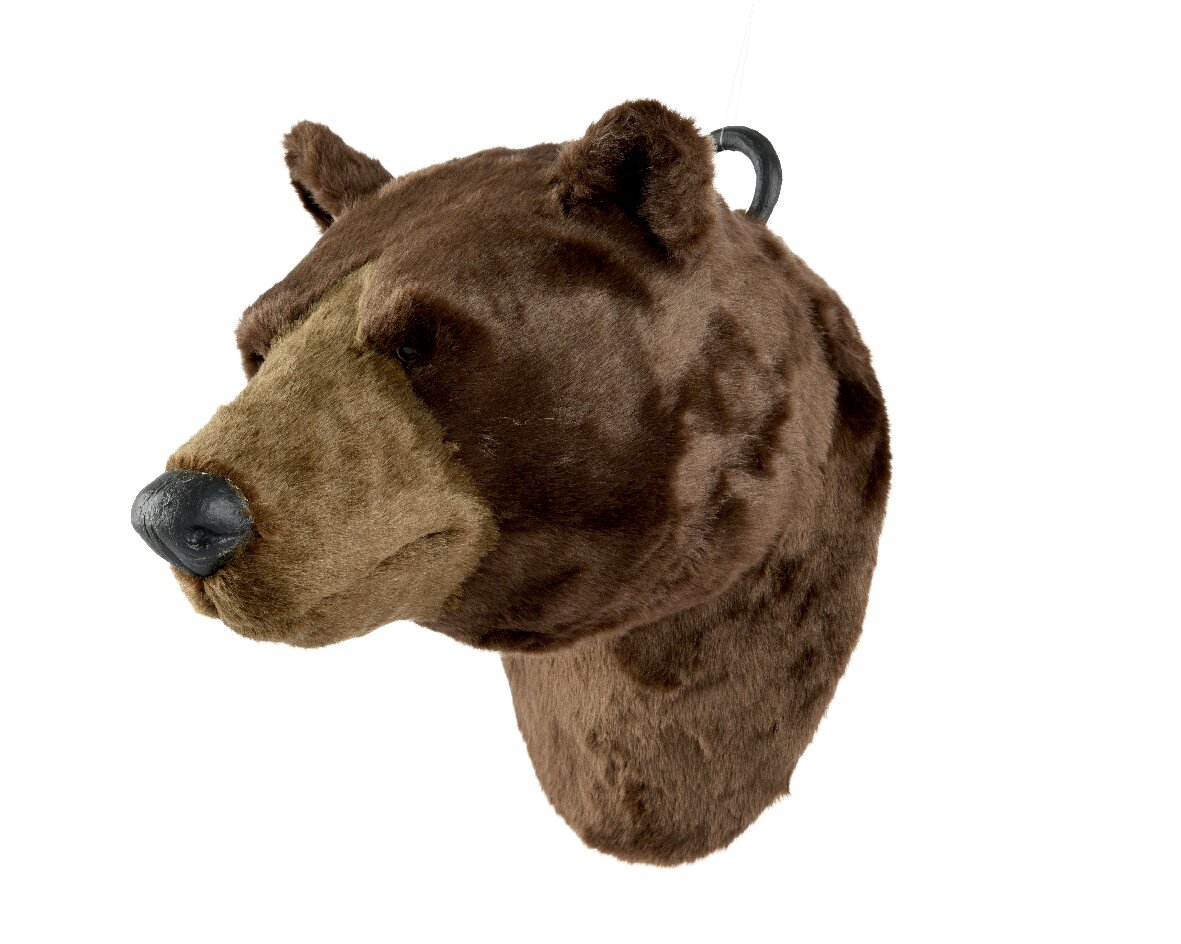 Plüsch-Bärenkopf von der Seite betrachtet, mit realistischen Details und Aufhängeschlaufe.