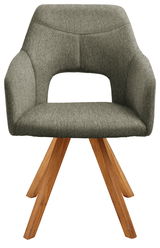 Moderner Sessel mit grauem Stoffbezug und Holzbeinen, Frontalansicht