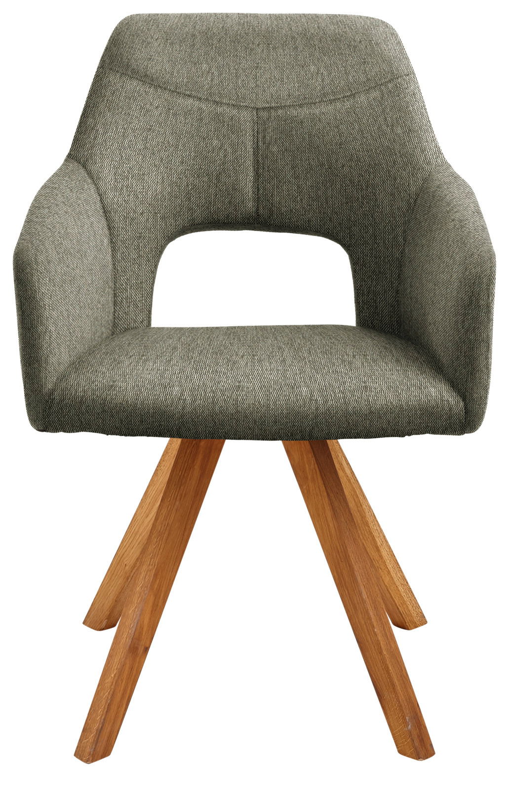 Moderner Sessel mit grauem Stoffbezug und Holzbeinen, Frontalansicht