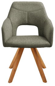 Moderner Sessel mit grauem Stoffbezug und Holzbeinen, Frontalansicht