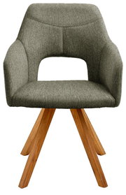 Moderner Sessel mit grauem Stoffbezug und Holzbeinen, Frontalansicht