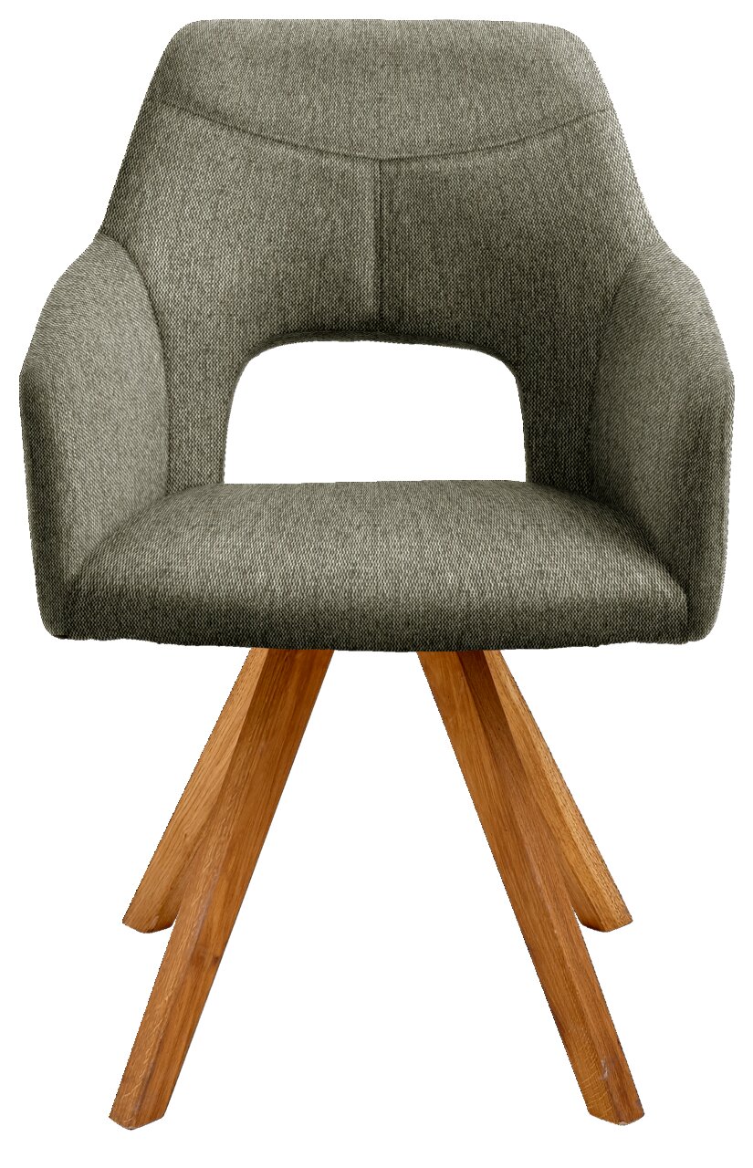 Moderner Sessel mit grauem Stoffbezug und Holzbeinen, Frontalansicht