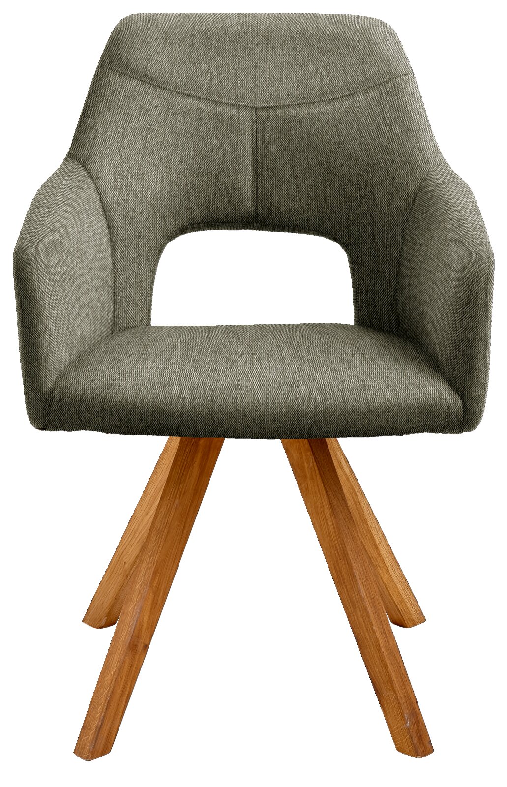 Moderne fauteuil met grijze stoffen bekleding en houten poten, vooraanzicht
