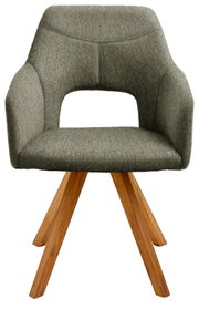 Moderne fauteuil met grijze stoffen bekleding en houten poten, vooraanzicht