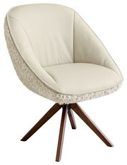 Beiger Armlehnstuhl mit weicher Polsterung und Holzbeinen, seitliche Perspektive