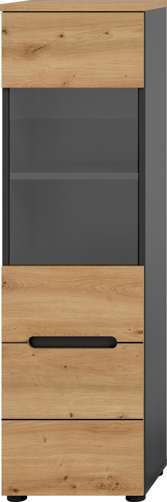 Hoher Schrank in Anthrazit mit Holzfronten in Eichenoptik, oben Schublade, mittig Glastür und unten zwei Schubladen mit schwarzem Griff, Frontansicht