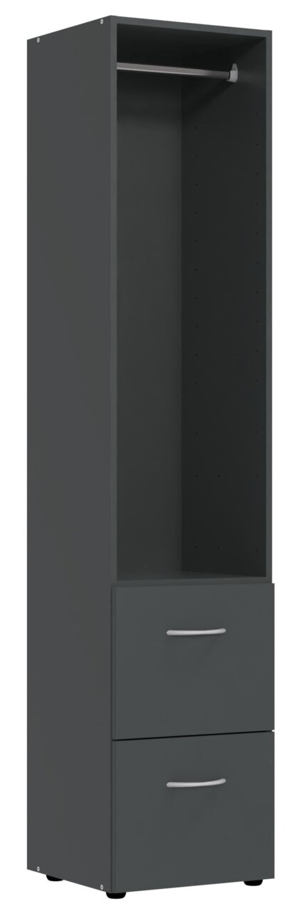 XORA Regal MULTIRAUMKONZEPT Schwarzes Regal mit zwei Schubladen und einer Kleiderstange, frontale Ansicht