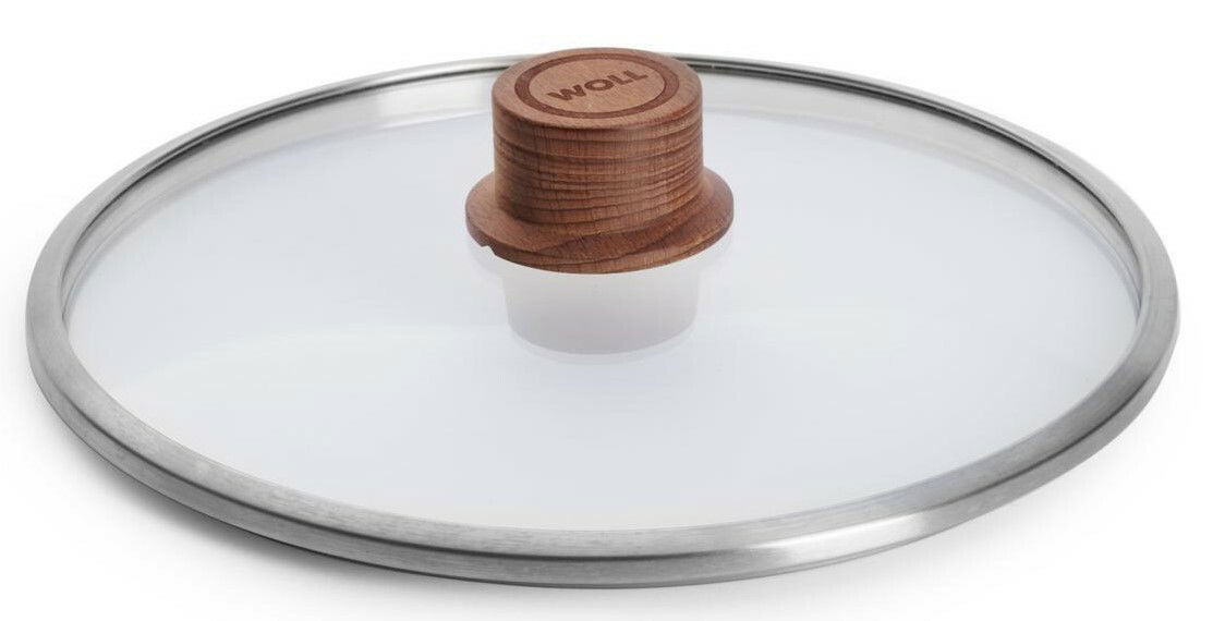 Glasdeckel mit Holzgriff, seitliche Perspektive