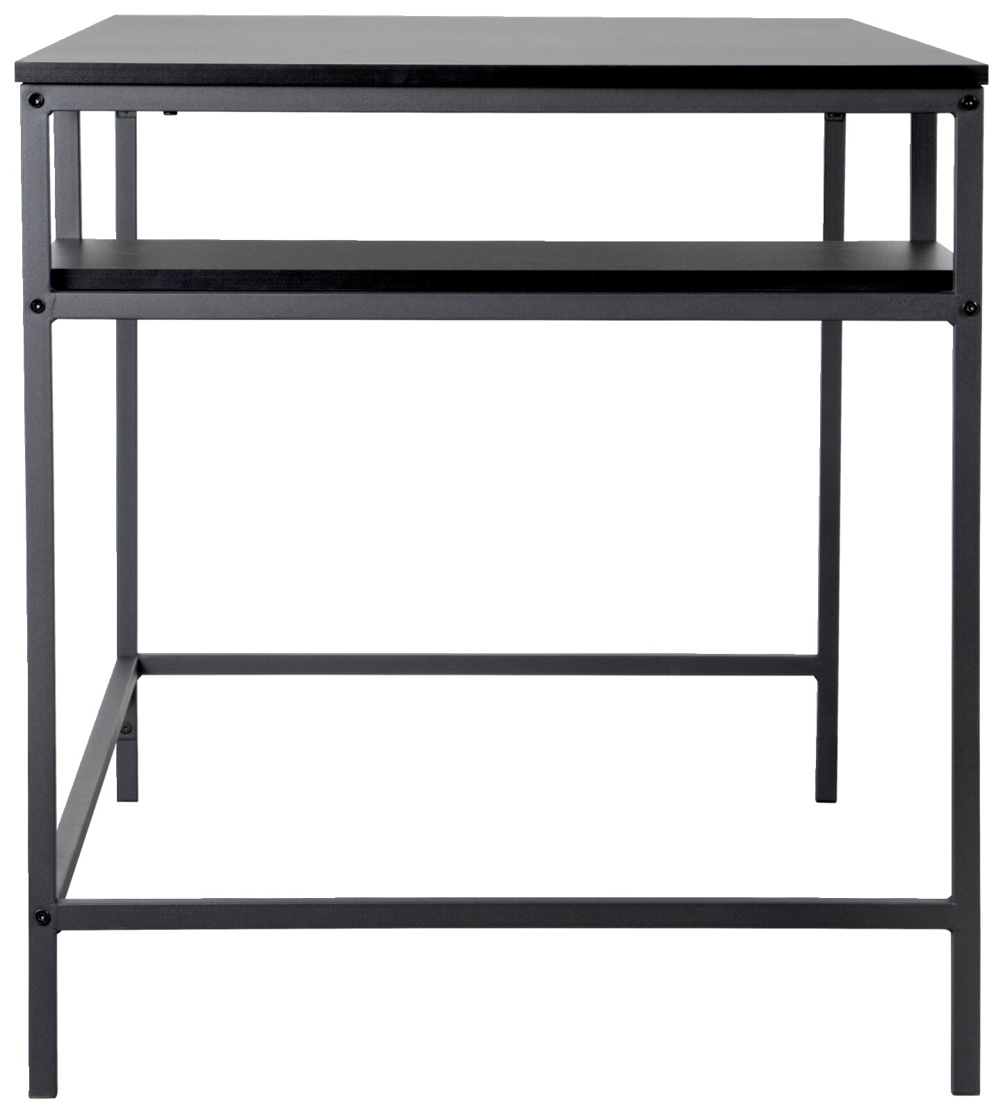 Moderner Schreibtisch aus Metall mit minimalistischem Design, frontal betrachtet.