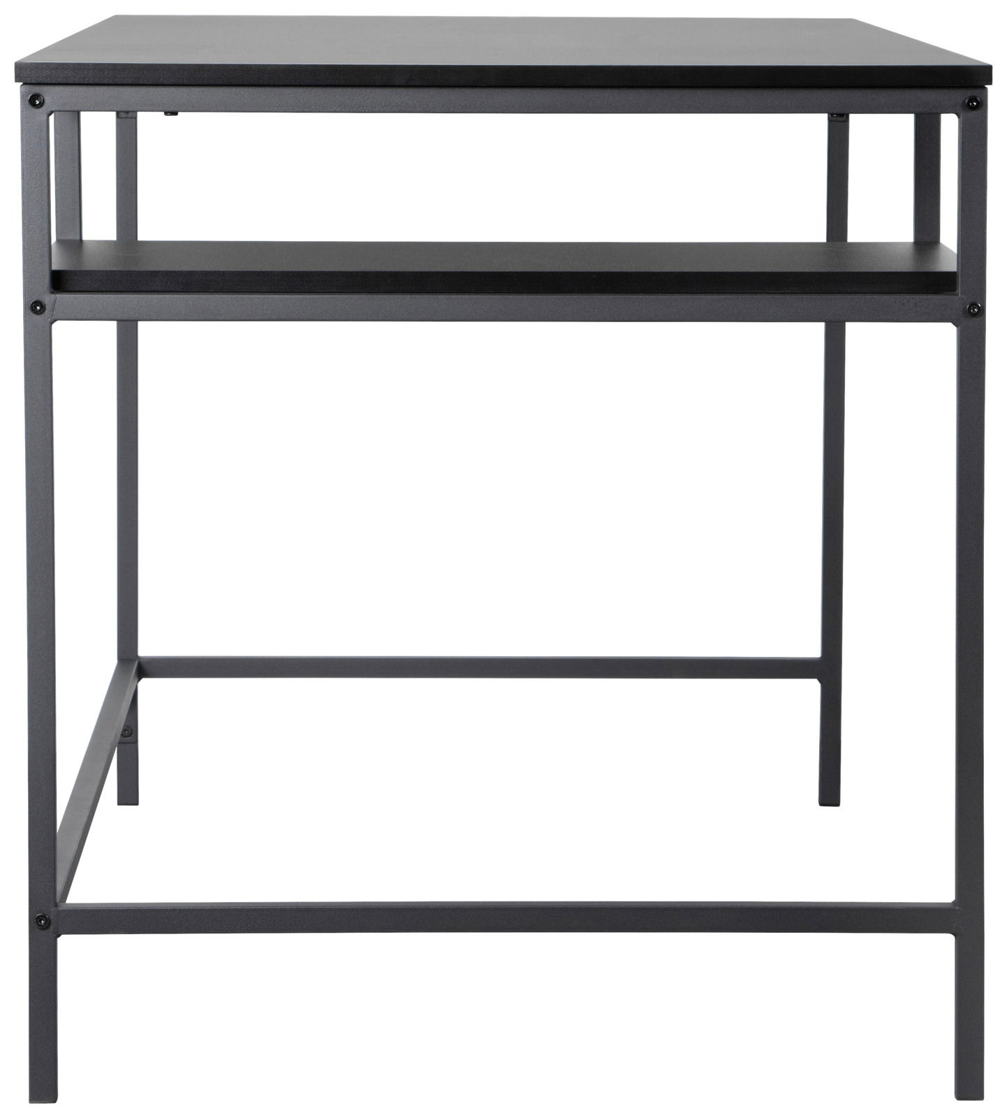 Moderner Schreibtisch aus Metall mit minimalistischem Design, frontal betrachtet.