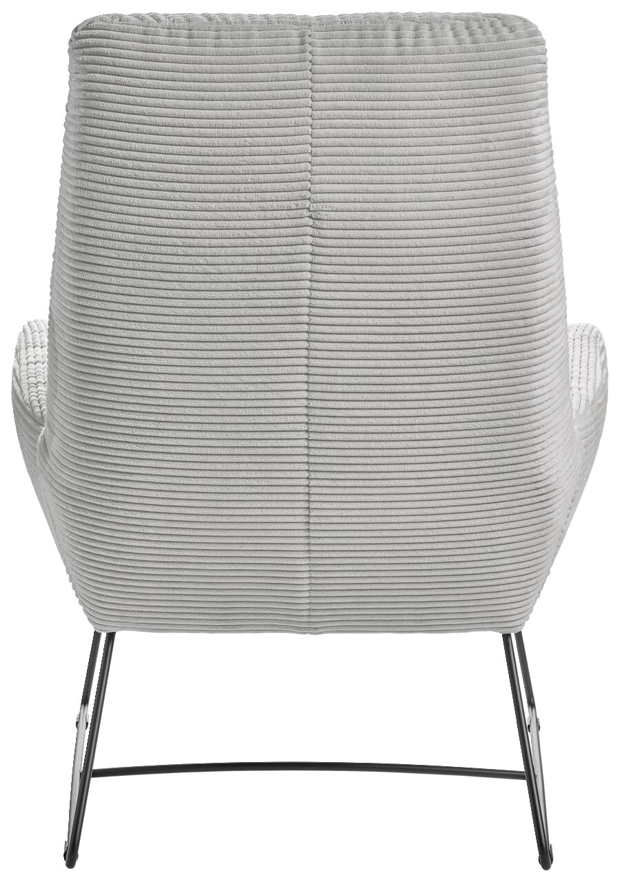 Rückansicht eines modernen Sessels mit grauem, geripptem Stoffbezug und schlanken Metallbeinen.
